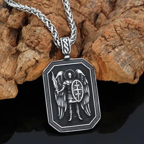 ST.MICHAEL ARCHANGEL CROSS SHIELD PRAYER MEDAL Amulet PENDANT NECKLACE Stainless Steel