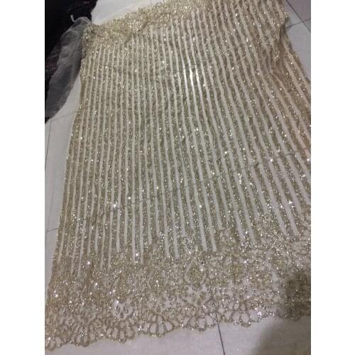 Gold Color High Quality French Tulle Lace Fabric African Sequins Net Glued Glitter Fabric for Woman Wedding Dress BZL-95125