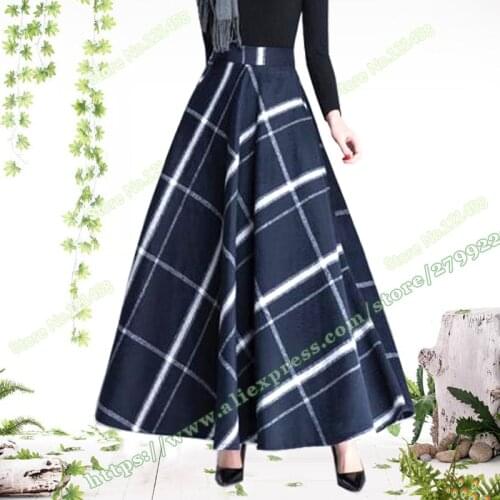 2019 Winter Fashion Vintage Retro Large Plus Size 7XL 6XL High Waist Navy Blue Woolen Plaid A-line Female Ladies Skirt Women