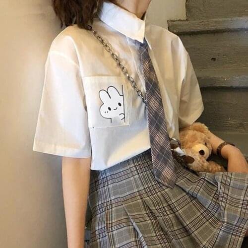 Women White Blouses Shirts 2021 Summer Short Sleeve Rabbit Print Tops Female Clothing Preppy Style JK Uniform Girl Shirts Blusas