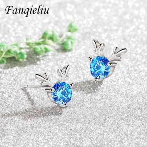 Fanqieliu Girls Gift Christmas Creative Vintage Jewelry Crystal Antlers 925 Sterling Silver Stud Earrings For Women FQL21284