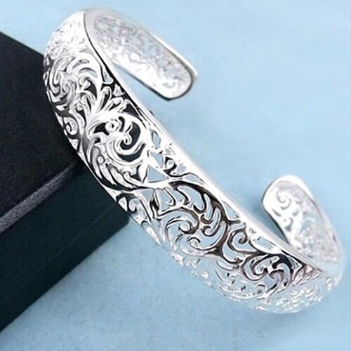 Womens Silver Plated Bezel Hollow Cuff Bangle Open Bracelet C7WR