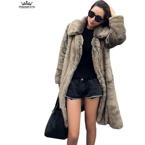 2019 Europea Standing Autumn Winter Plus size Women Fur Coat Fashion New Ladies Parka High Imitation Fur Coats Long Trench Coat