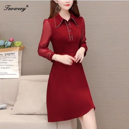 Large plus size office ladies patchwork dresses elegant knee length long sleeve red dress ruffle a line dress women vestidos