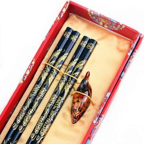 2 pairs of wood Black Gold Dragon Chopsticks Chinese Long Non-Slip Sushi Chopsticks Set Chinese Gifts Kitchen Tableware