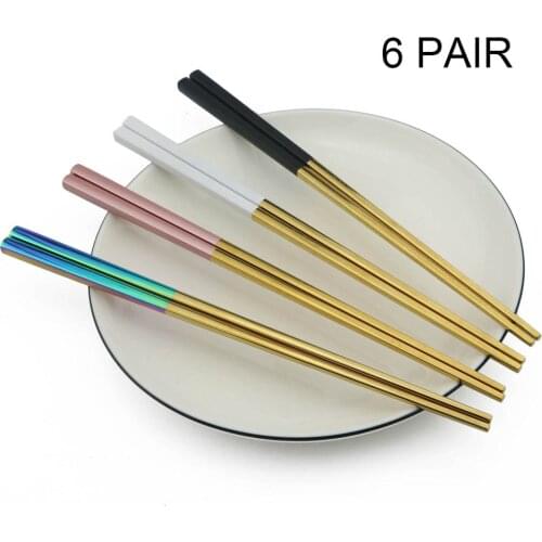 6 Pair Black Reusable Chopsticks 304 Stainless Steel Non-slip Chopsticks Gold Rose Silver Reusable 23.5cm Food Kitchen Chopstick