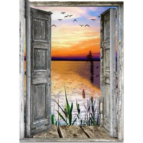 Daimond Painting 5D Full Square/ Round Door Scenery Setting Sun Diamond Rhinestone Embroidery Crystal Cross Stitch Mosaic P1109