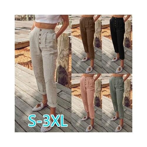 Womens Thin Pants Straight Slim Pants Ladies' Solid Color Pocket Buttons Casual All-match Pants Plus Size S-3XL Spring Summer