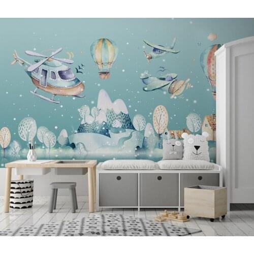 CJSIR Custom Helicopter Hot Air Balloon Over Cartoon Village Wallpaper Background Wallpapers for Childrens Room Wall Decoration
