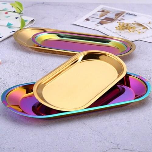 Colorful Metal Storage Tray Gold Oval Small Items Mirror Storage Tray Ring Necklace Jewelry Storage Products