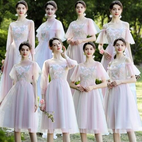Summer Elegant Gauze Chiffon Embroidery Flowers Backless High Waist Slim Bean Paste Gray Women Party Bridesmaid Dresses 9853
