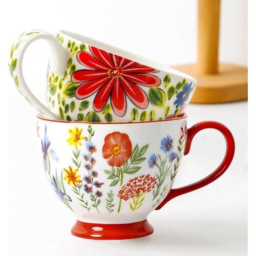 Europe Ceramic Mug for Office Home Hand-painted Flower Patterns Coffee Cup China Hot Chocolate Mugs handle Coffee Mug Drinkware