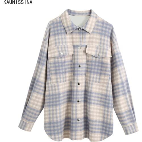 Vintage Stylish Pockets Plaid Loose Jacket Coat Women 2020 Fashion Lapel Collar Long Sleeve Female Outerwear Chic Tops