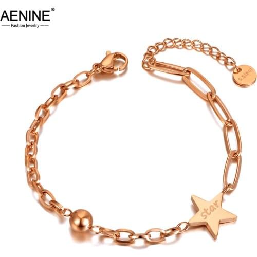 AENINE Fashion Titanium Stainless Steel Star & Ball Charm Bracelets For Women Girls Bohemia Chain Link Party Bracelet AB20173