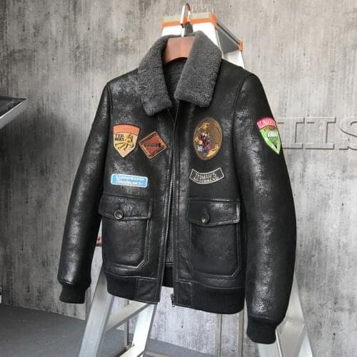 Mens Fur Jacket Short Leather Jacket Mans Black Brown Sheepskin Aviator Fur Coat Lambs Fur Outerwear Flight Jacket