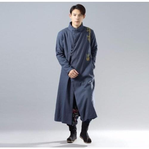 Spring winter mens cotton ramie chenille Long robe silver buckle gold embroidered Large lammy Linen Cotton chinese long gown