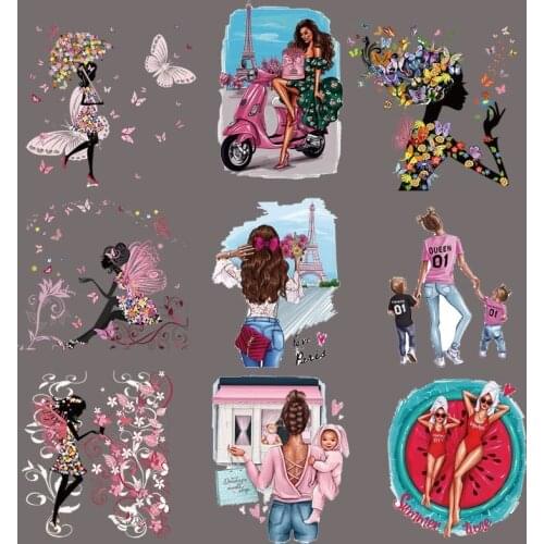 Patches For Clothes Aesthetic Girl DIY Thermal Sticker On Clothes Flower Butterfly Lady Heat Transfer Patches Iron On Transfer