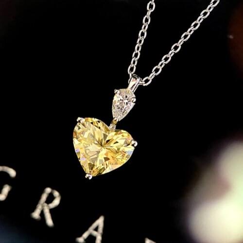 2021New Exquisite 925 Sterling Silver Heart Necklace Chain for Women Yellow Zircon Pink Pendant Short Chain Charms Fine Jewelry