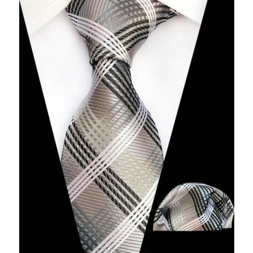New Designs Gray Black Silver Fashion Floral Ties 8cm Mens Tie Silk Jacquard Neck Ties Pocket Square Set for Wedding Party Suit