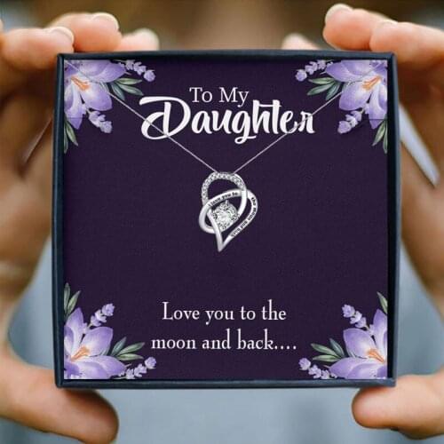 Heart Shape Pendant Necklace Women Crystal I Love You to The Moon and Back Wish Card To My Daughter Family Christmas Gift