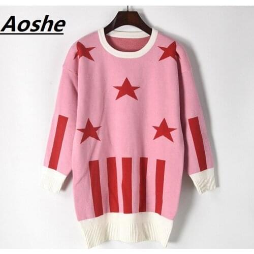 Aoshe Pullover Sweater Women Pull 2018 New Winter Striped Five-pointed Star Jacquard Design Batwing Sleeve Oversized Knit Jumper