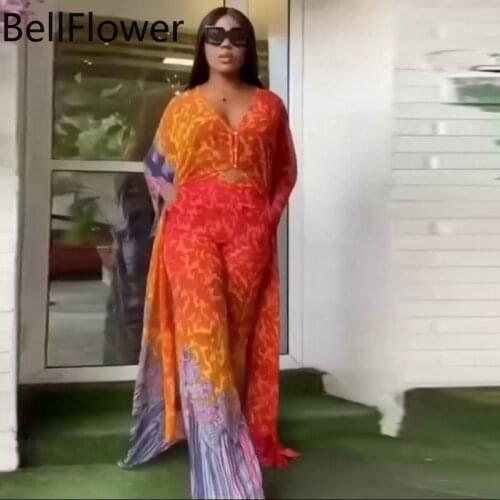 Chiffon One Size Long Sleeve Dress Loose Hollow Out V-Neck Batwing Long Sleeve Pullover Print Beach Party Summer Dress Women