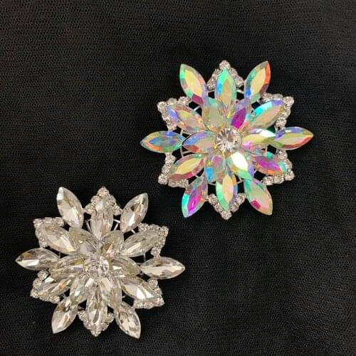 5.8cm flower shape crystal rhinestone applique sew on rhinestone strass flat silver base for DIY wedding party dress decoration