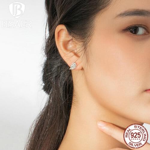 BISAER Angel Wings Feather Stud Earrings 100% 925 Sterling Silver CZ Small Earring For Women Female Lovely Jewelry ECE882