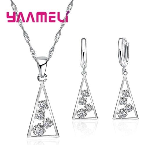 YAAMEL New Arrival Hollow Triangle Women Female Party Jewelry 925 Sterling Silver Necklace Earrings Set Clear Cubic Zirconia