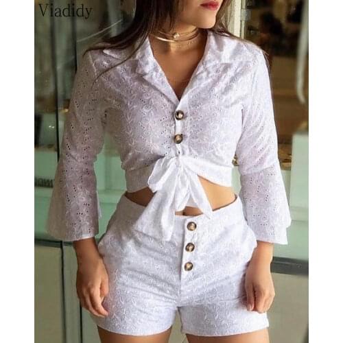 Women 2pcs Suit Casual Flared Sleeve Buttons Long Sleeve Top and High Waist Embroidery Shorts Set