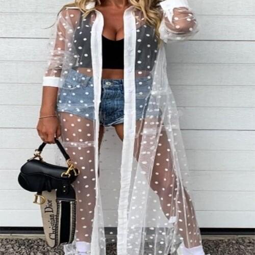 Womens Polka Dot Sexy Shatang Work Clothes Lapel Thin Long Sleeve Mesh Perspective Holiday Beach Suit