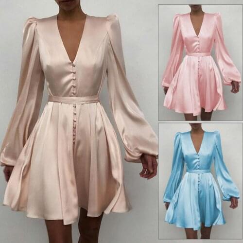 2021 Summer Women Dress Solid Color Sexy V-Neck Mid Waist Long Sleeve Polyester Fiber Dress Women Puff Sleeve Dress for Wedding
