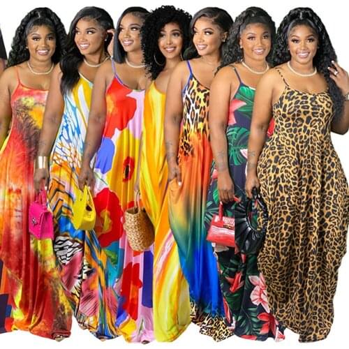 Slip Maxi Dress Plus Size Women Clothing Wholesale Summer Print Loose Elegant Pockets Draped Dresses High Quality Dropshipping