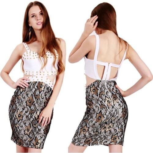 Fashion Women Summer Dress Vintage Rivet Floral Mesh Decor Sleeveless High Waisted Mini Short Sheath Bodycon Dresses for Woman