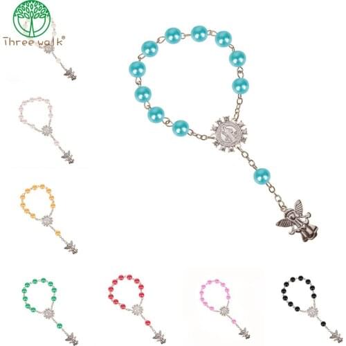 10pcs Imitation Pearl Beads Catholic Rosary Catholic Holy Communion Angel Wings Crucifix Pendants Bracelet nice gift