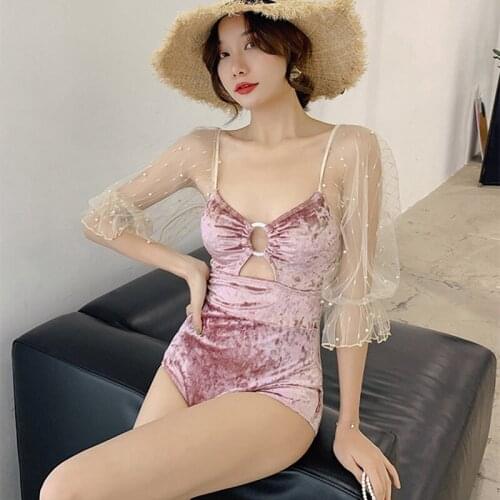 2021 Korean Fashion See-Through Lace Long-Sleeved Low-Cut Stitching Hollow Gold Velvet Slim Sexy Cross-Tie Bow Halter Swimsuit