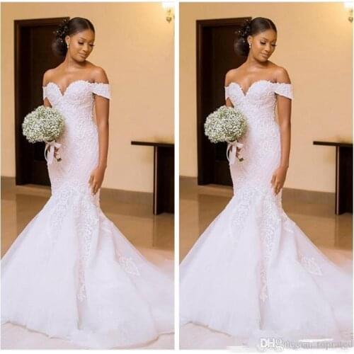 African Black Women 2021 Mermaid Wedding Dresses Bridal Gowns Off Shoulder Lace Appliques Slim Beautiful Ladies Vestidos