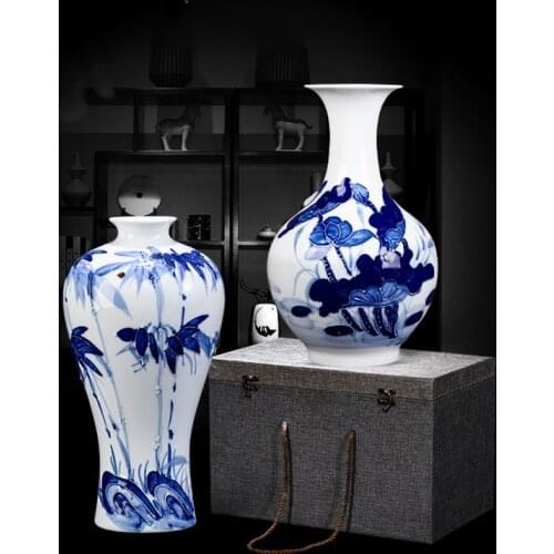 White And Blue Modern Luxury Handmade Hand Painted Bamboo and Peony Flower Relief Small Ceramic Flower Vases For Countertop
