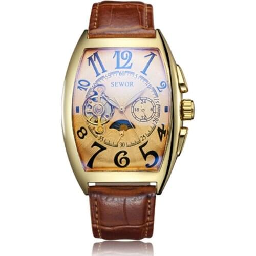 Top Brand Luxury SEWOR Watch Fashion Men Watches Tonneau Dial Tourbillon Automatic Mechanical Watch Men Moon Phase reloj hombre