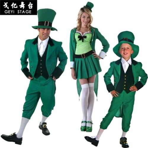 Adult Irish Family Group Dwarf Costume Children St Patrick Day Elf Outfit Fancy Dress Hat Top Pants Suit Boy Kids girls