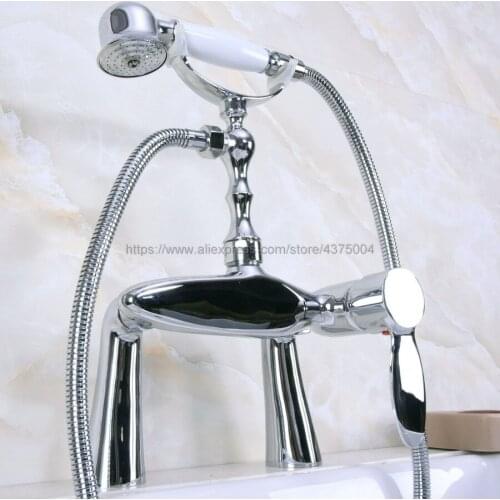 Deck Mounted Bathroom Bathtub Shower Faucet Chrome Set Single Handle Mixer Tap with Ceramic Hand Held Shower Nna107
