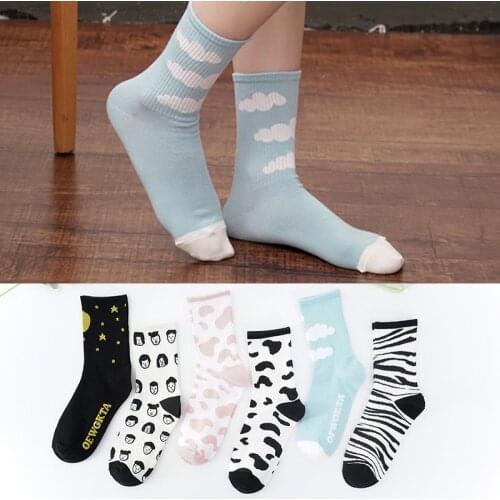 Ins Popular Socks Lovely Harajuku Japanese Style Cotton Women Cow Printed Socks Striped Solid Breathable Casual Cartoon Socks