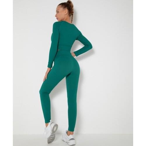 Women Gym Yoga Sets New Solid Color Sportswear Seamless Fitness Suits Running Suits 2Pcs High Waist Leggings Long Sleeve Shirts