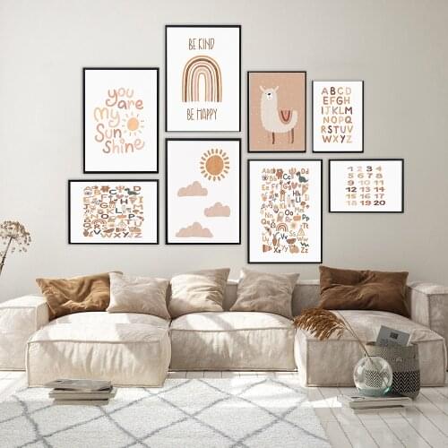 Llama Sun Rainbow Alphabet Boho Nursery Poster Wall Art Canvas Painting Educational ABC Letter Posters And Prints Picture Kids