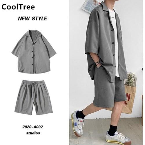 CoolTree Men Sets Summer Solid color Thin Jacket and Shorts Two-piece Suit Male Loose College style Streetwear Oversized Suits