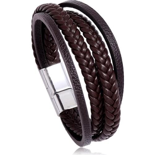 Jessingshow Bracelet for Men Multilayer Leather Bangles Magnetic Clasp PU Braided Wrap Trendy Bracelet Armband Pulsera Hombre