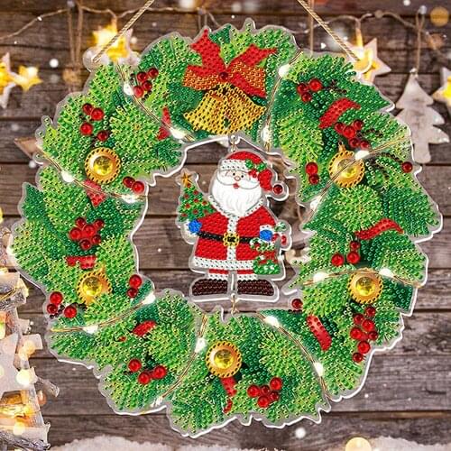 DIY Special-shaped Drill Diamond Painting Wreath With Led Light And Keychain Pendant Kits Christmas Wall Home Decor Gift
