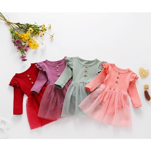 Solid Infant Baby Girls Romper Tutu Dress Mesh Stitching Sweet Lotus Leaf Sleeves Single Breasted Decoration Prom Costume