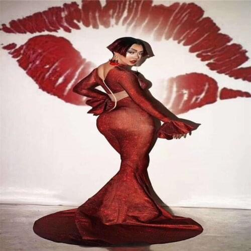 H53 Singer Dancer Long Sleeve Dress Sexy Slim High Elastic Stretched Jumpsuit Show Diamond See-Through Trailing Dress Backless D