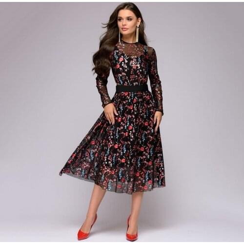 Spring Women Autumn Floral A-line Knee-Length Vintage Dress See-through Black Two-Pieces Elegant Vestidos